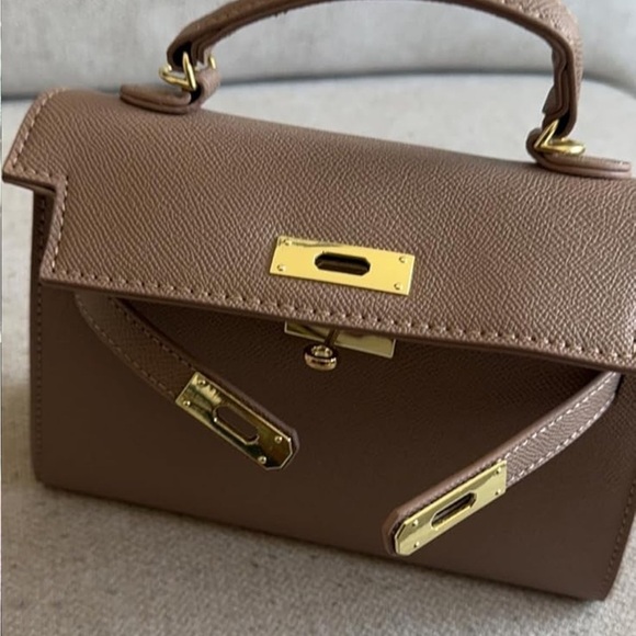 Top handle mini bag in khaki brown with gold hardware and crossbody strap - Picture 3 of 5